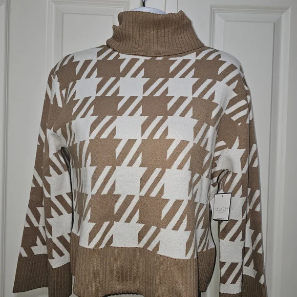 NWT Laundry By Shelli Segal Ivory And Camel Houndstooth Sweater - Picture 1 of 5